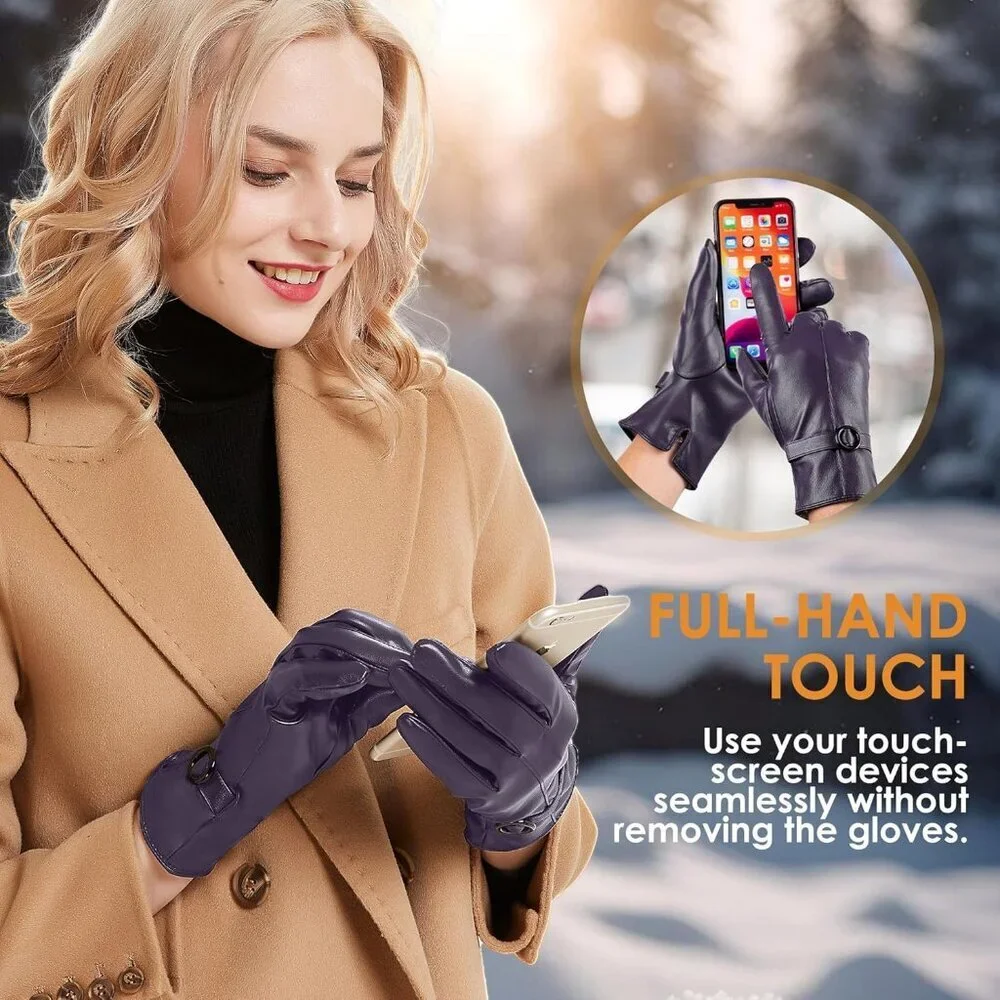 Women's Purple Lambskin Leather Gloves Warm Touchscreen Winter Driving Gift